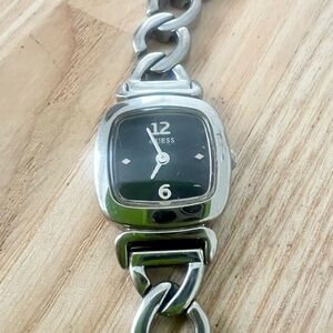 Guess ladies rectangular black dial silver tone  bracelet watch NEW BATTERY